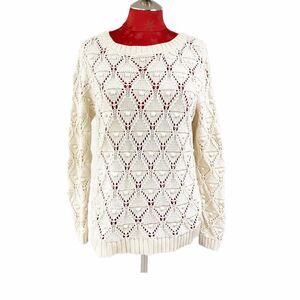 Tommy Hilfiger Fisherman Knit Sweater Ladies M Pullover Cream Long Sleeve Preppy